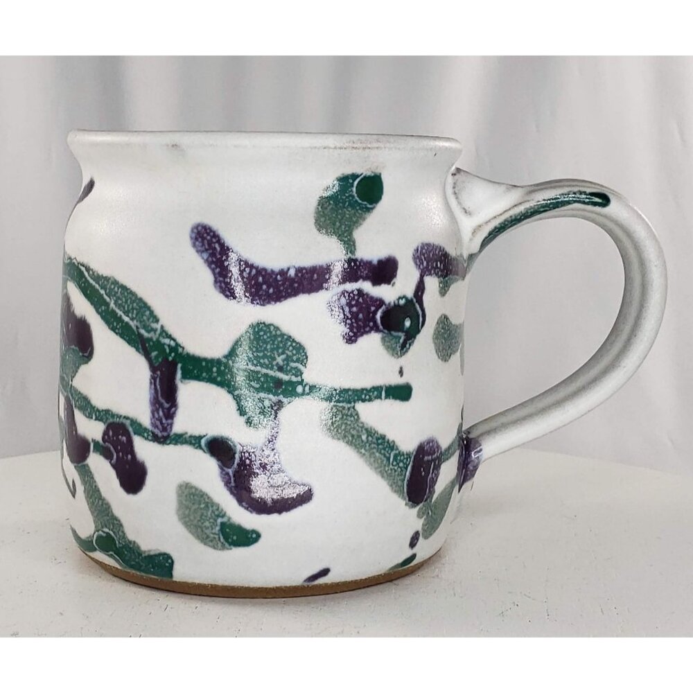 Stoneware Pottery Mug Artist Signed White Purple Green